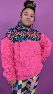 Half-Zip Pullover in Rainbow Leopard and Pink Teddy