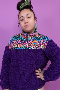 Half-Zip Pullover in Rainbow Leopard and Purple Teddy