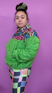 Half-Zip Pullover in Rainbow Leopard and Green Teddy