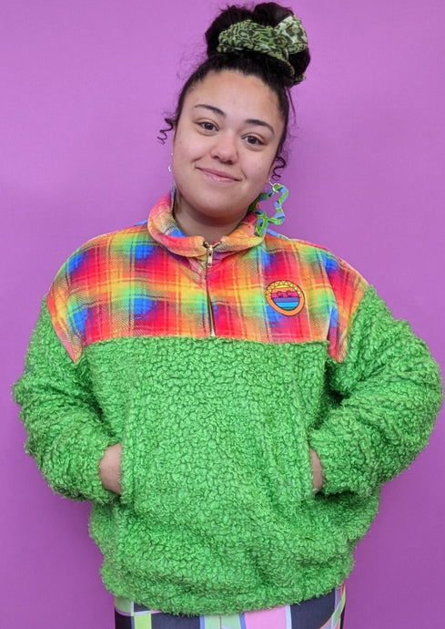 Half-Zip Pullover in Rainbow Plaid and Green Teddy