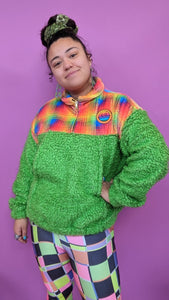 Half-Zip Pullover in Rainbow Plaid and Green Teddy