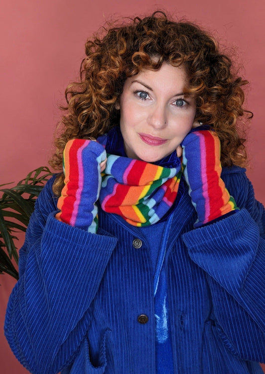 Reversible Fleece & Velvet Snood in Rainbow Stripe