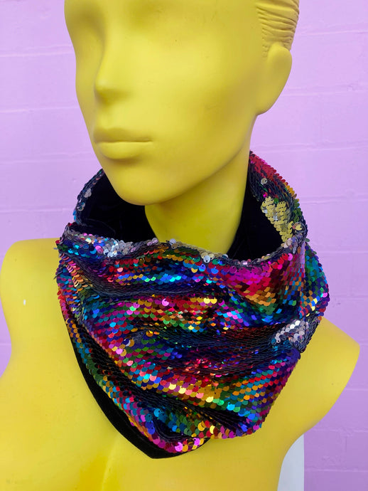 Sequin Embellished Velvet Cowl in Rainbow and Silver